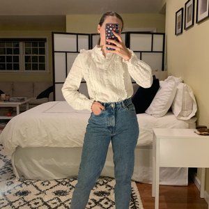 Zara White Eyelet Lace Long Sleeve Button Down Blouse